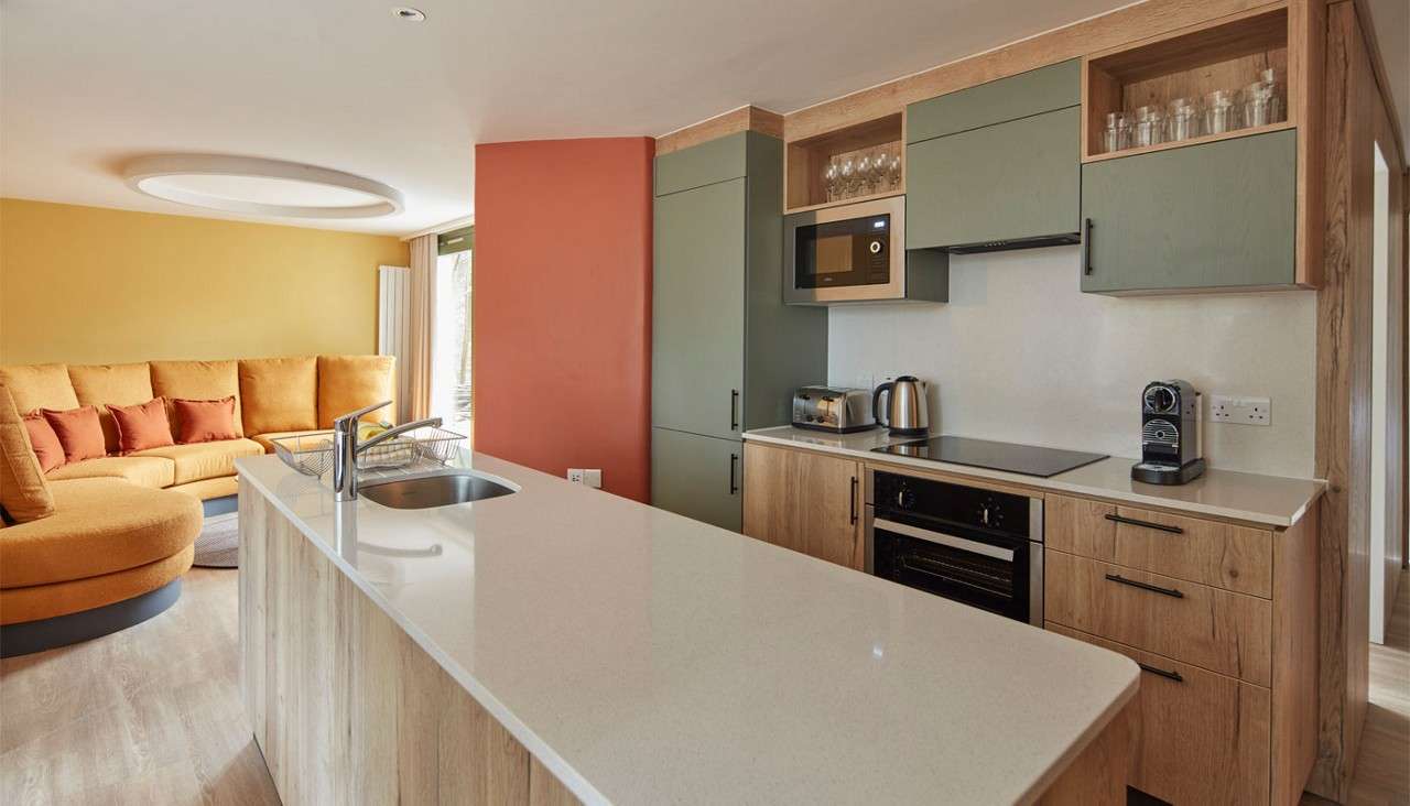 Kitchen and living area in the 4 bedroom lodge at Elveden Forest.