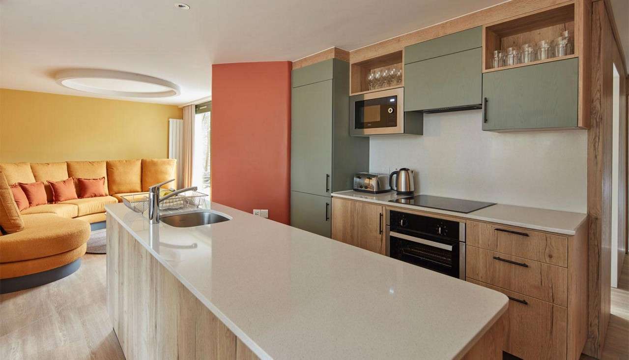 Kitchen and living area in the 4 bedroom lodge at Elveden Forest.