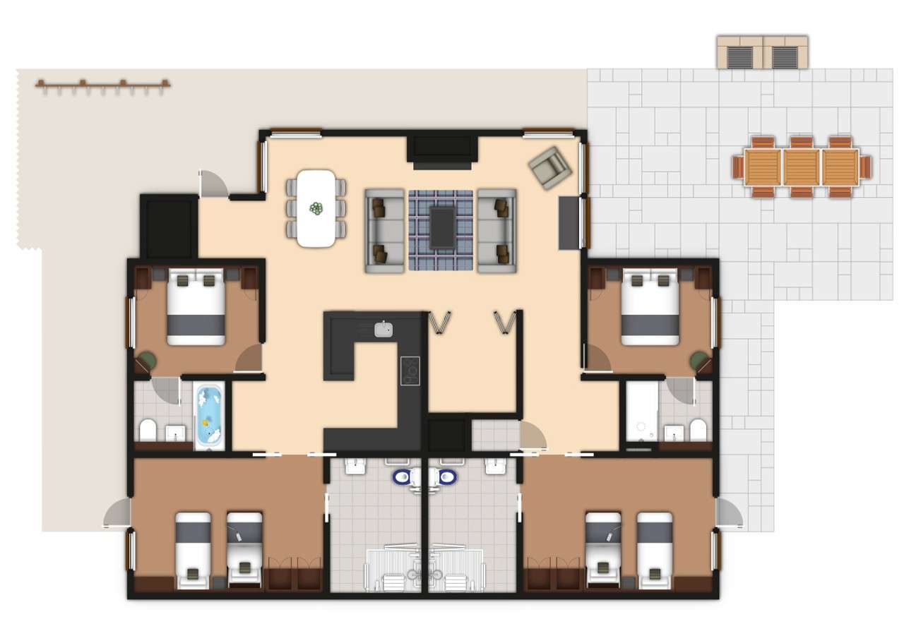A detailed floor plan illustration of a four bedroom Woodland Lodge. If you require further assistance viewing the floor plan or need further information please contact Guest Services.