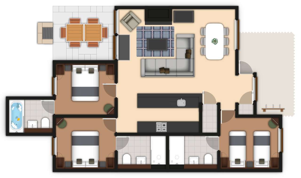 A detailed lodge floor plan illustration showing bedrooms, bathrooms, living area, kitchen, and outdoor space. If you require further assistance viewing the floor plan or need further information on the accommodation type please contact Guest Services.