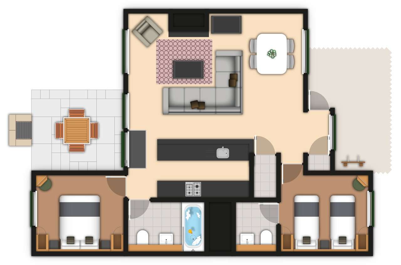 A detailed lodge floor plan illustration showing bedrooms, bathrooms, living area, kitchen, and outdoor space. If you require further assistance viewing the floor plan or need further information on the accommodation type please contact Guest Services.