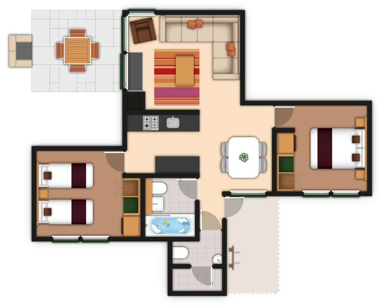 A detailed lodge floor plan illustration showing bedrooms, bathrooms, living area, kitchen, and outdoor space. If you require further assistance viewing the floor plan or need further information on the accommodation type please contact Guest Services.