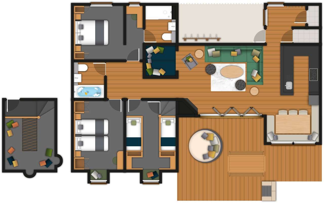 Floor plan displays rooms arranged around a living area, showing furniture placement and circulation within a modern home featuring three bedrooms, two bathrooms, kitchen, dining area, lounge, playroom, and deck.