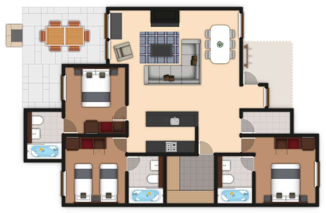 A detailed lodge floor plan illustration showing bedrooms, bathrooms, living area, kitchen and outdoor space. If you require further assistance viewing the floor plan or need further information on the accommodation type please contact Guest Services.