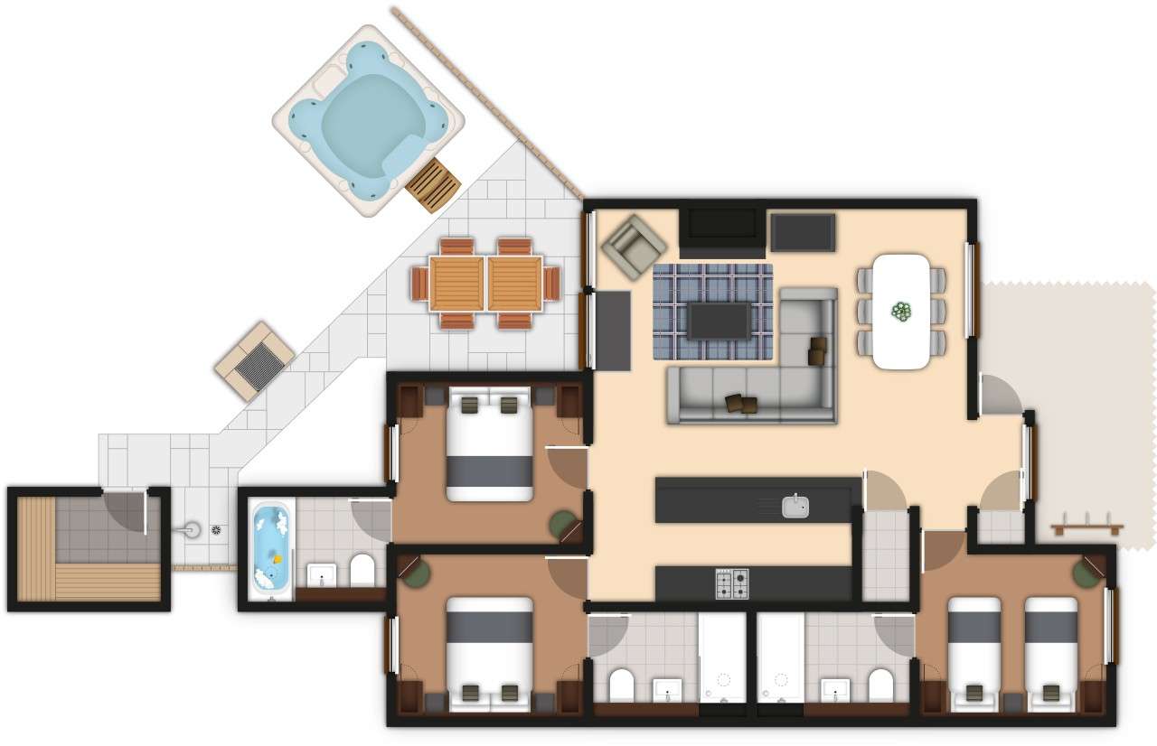 A detailed lodge floor plan illustration showing bedrooms, bathrooms, living area, kitchen and outdoor space including hot tub and sauna. If you require further assistance viewing the floor plan or need further information on the accommodation type please contact Guest Services.