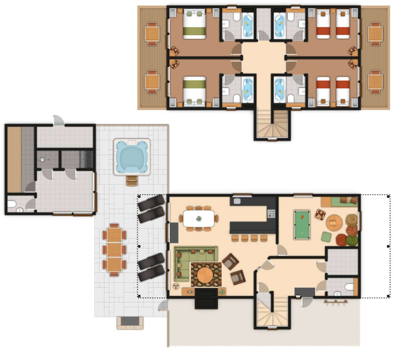 A detailed lodge floor plan illustration showing bedrooms, bathrooms, living area, kitchen, games room and outdoor space. If you require further assistance viewing the floor plan or need further information on the accommodation type please contact Guest Services.