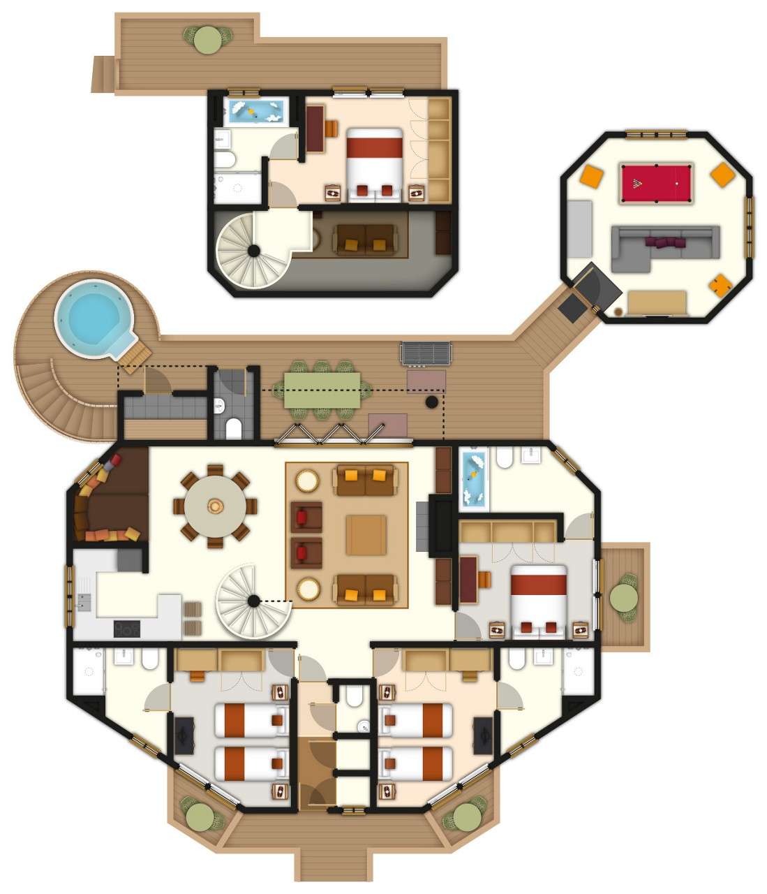 A detailed lodge floor plan illustration showing bedrooms, bathrooms, living area, kitchen, games room and outdoor space including hot tub. If you require further assistance viewing the floor plan or need further information on the accommodation type please contact Guest Services.