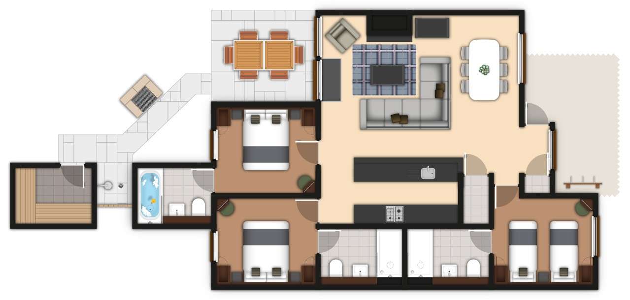 A detailed lodge floor plan illustration showing bedrooms, bathrooms, living area, kitchen, and outdoor space. If you require further assistance viewing the floor plan or need further information on the accommodation type please contact Guest Services.