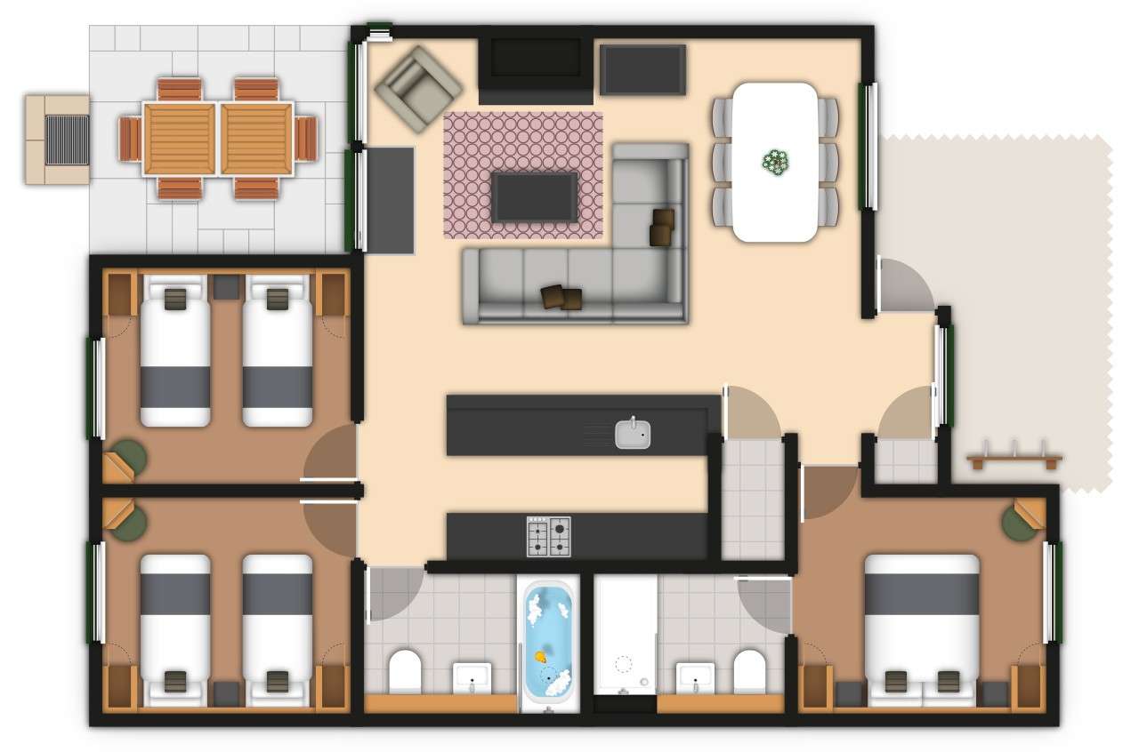 Floor plan depicts a furnished three-bedroom home: open living-dining area with sectional, central kitchen island, two bathrooms, two twin-bed rooms left, master bedroom right, with patios on both sides.