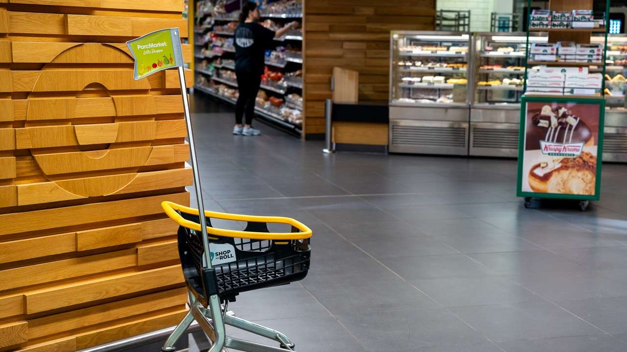 A small plastic shopping trolley with a flag suitable for a child to use inside the parc market shop