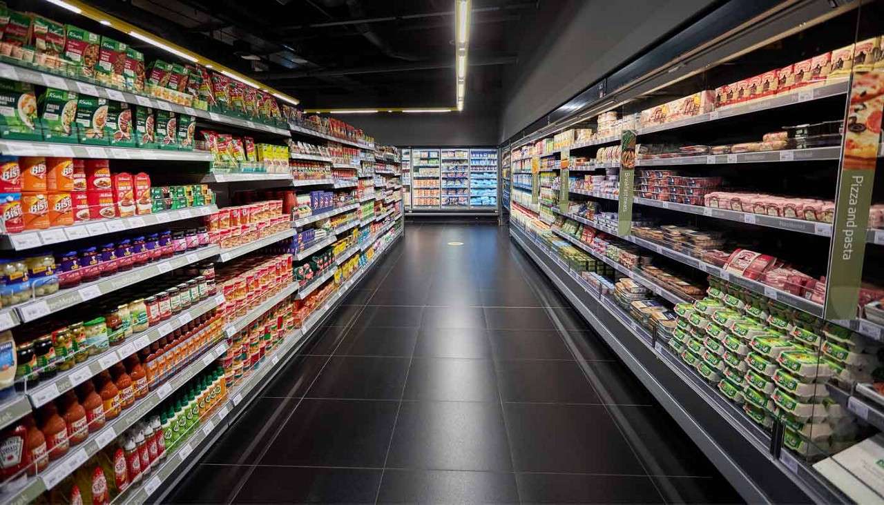 Condiment aisle in the Parc Market supermarket