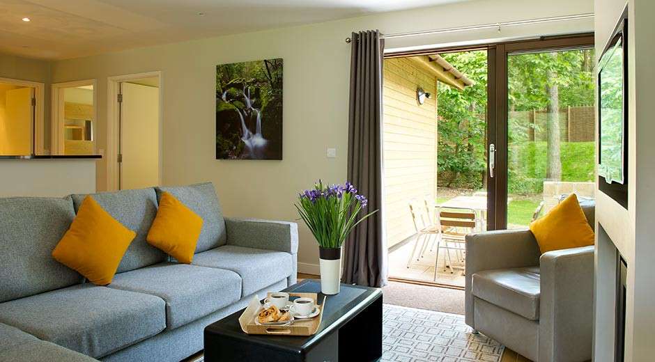 Woodland lodge lounge with patio doors open leading to outside patio
