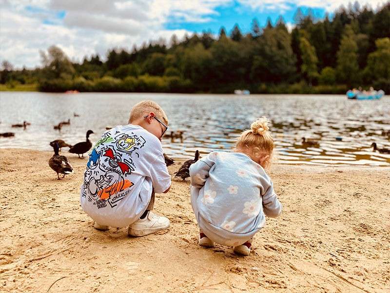 Two little children playing on the beach with some ducks.