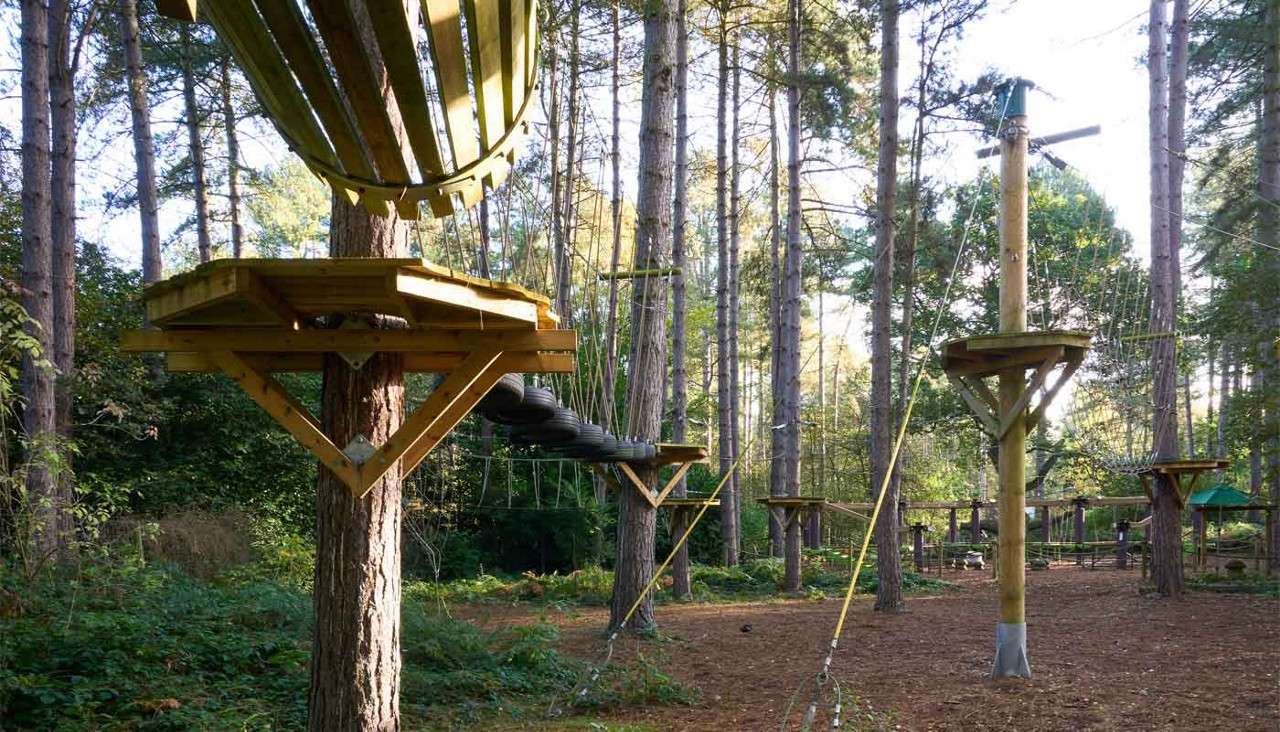 Wooden treetop course with suspended paths and obstacles.