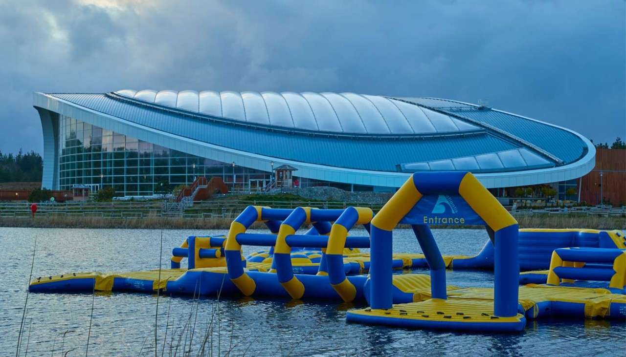 A floating obstacle course on the lake.