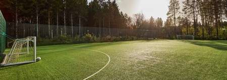 Soccer goals stand on an empty artificial-turf field, glowing in low sunlight; curved penalty arc foreground. Tall fence and dense trees encircle the pitch under a clear sky.