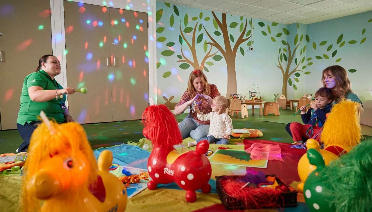 Colourful room filled with sensory toys.
