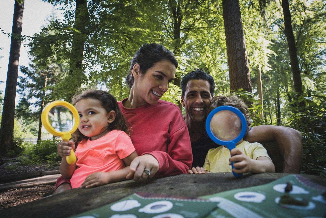 A family with brightly coloured magnifying glasses sat round a table. 