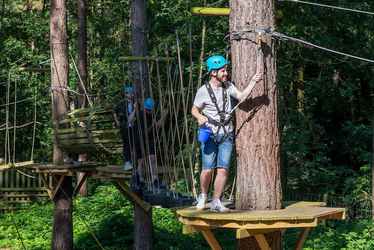 A boy waiting to go across the wire in the trees