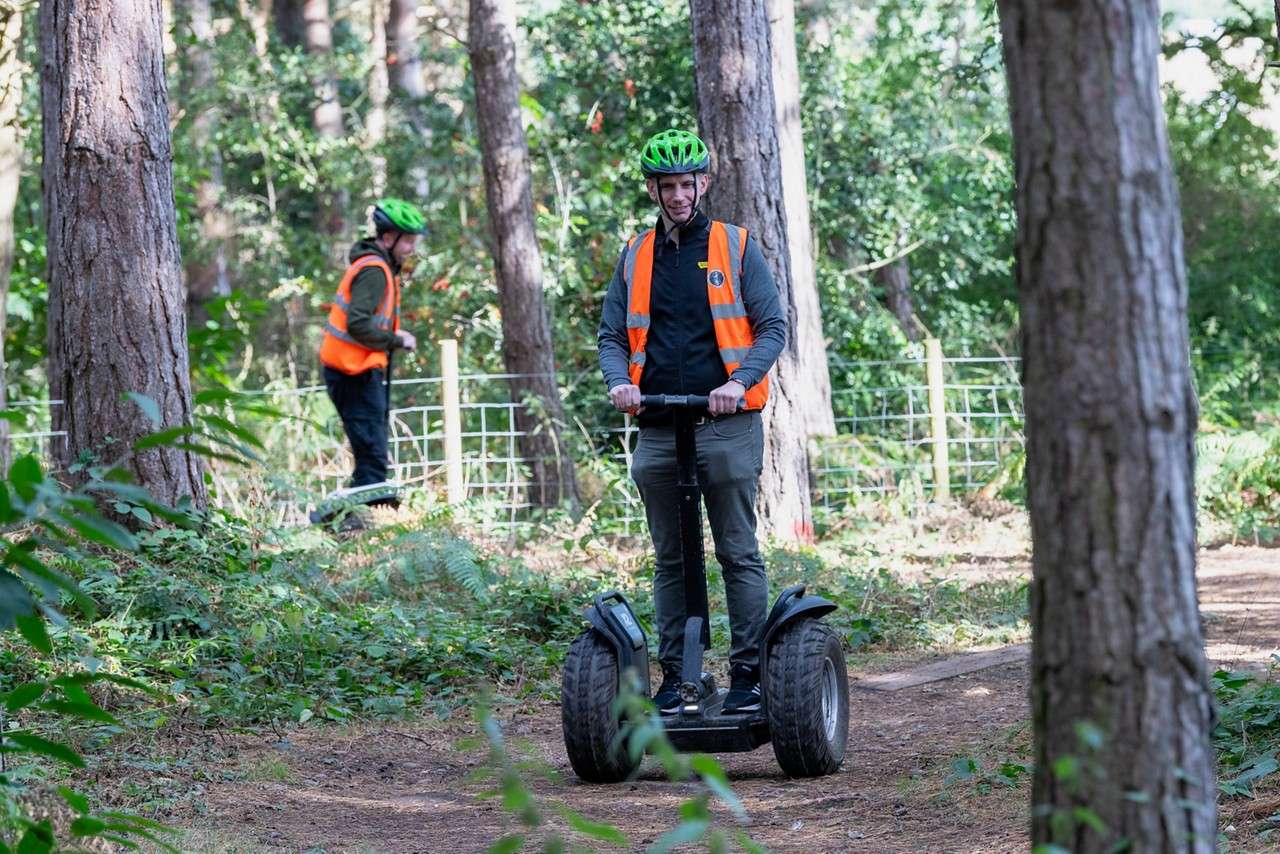 People going through the forest on segways.
