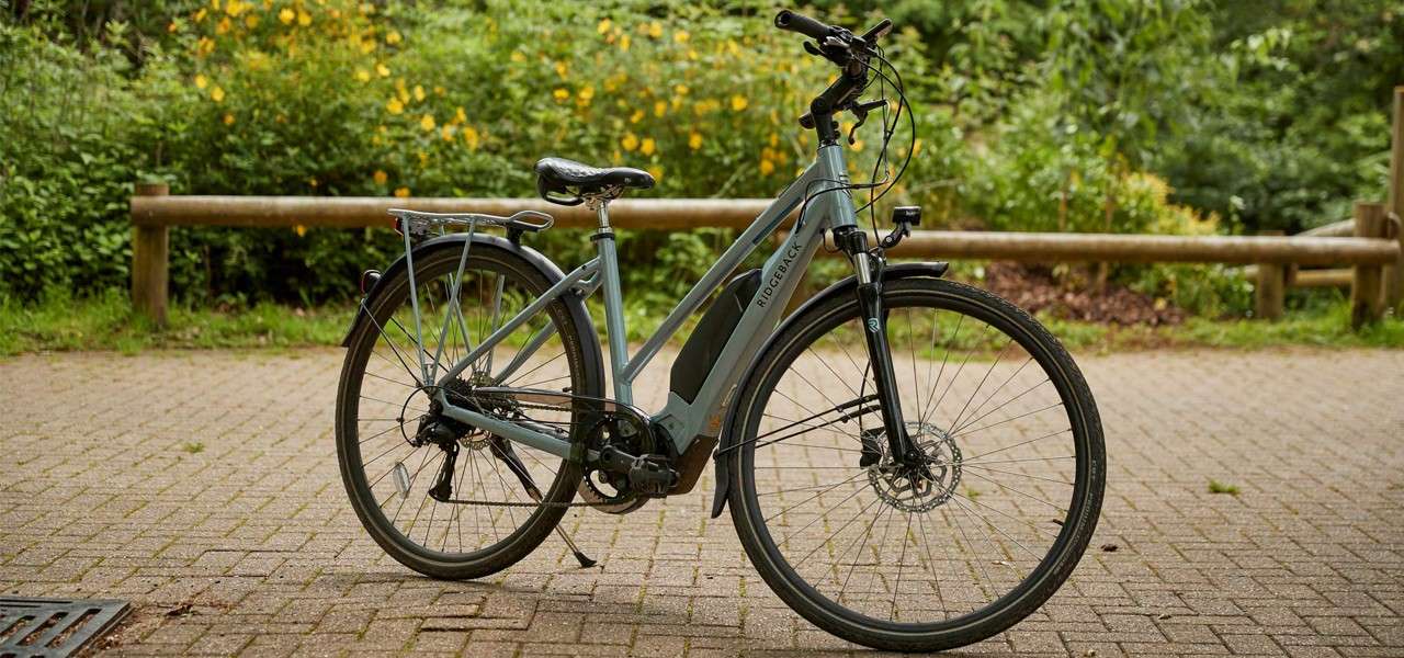 Electric bicycle stands on its kickstand, displaying RIDGEBACK on the frame and R on the fork, set on a paved path bordered by rails and green foliage with yellow flowers.