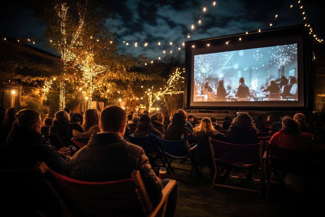 Group of people watching a movie in an open air cinema.
