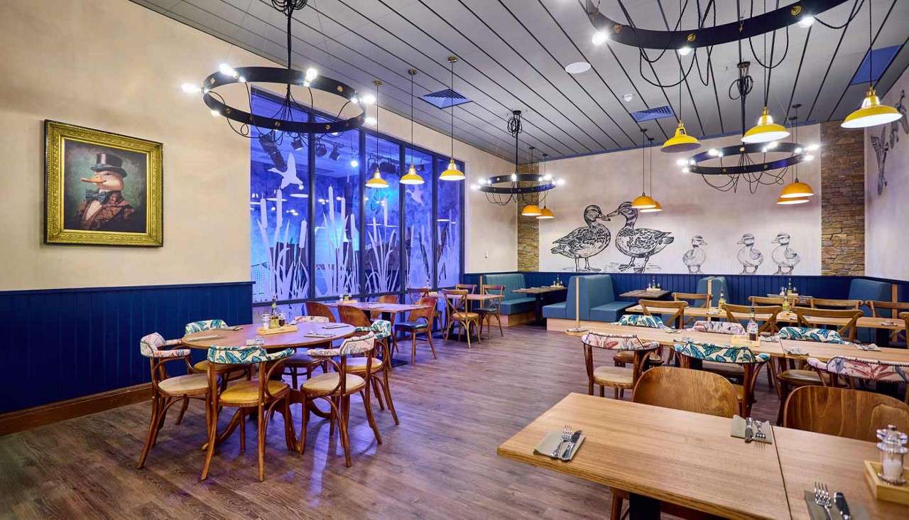 Dining tables sit arranged neatly, awaiting guests, in a bright restaurant decorated with duck-themed artwork, pendant lights, wooden floors, blue upholstered booths, and large windows with reed silhouettes.