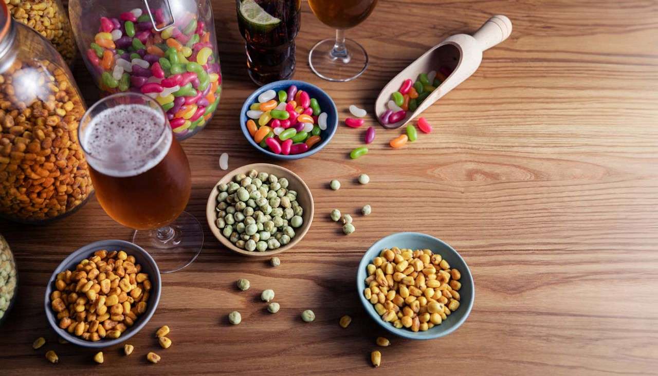 Bar snacks including sweets and nuts.
