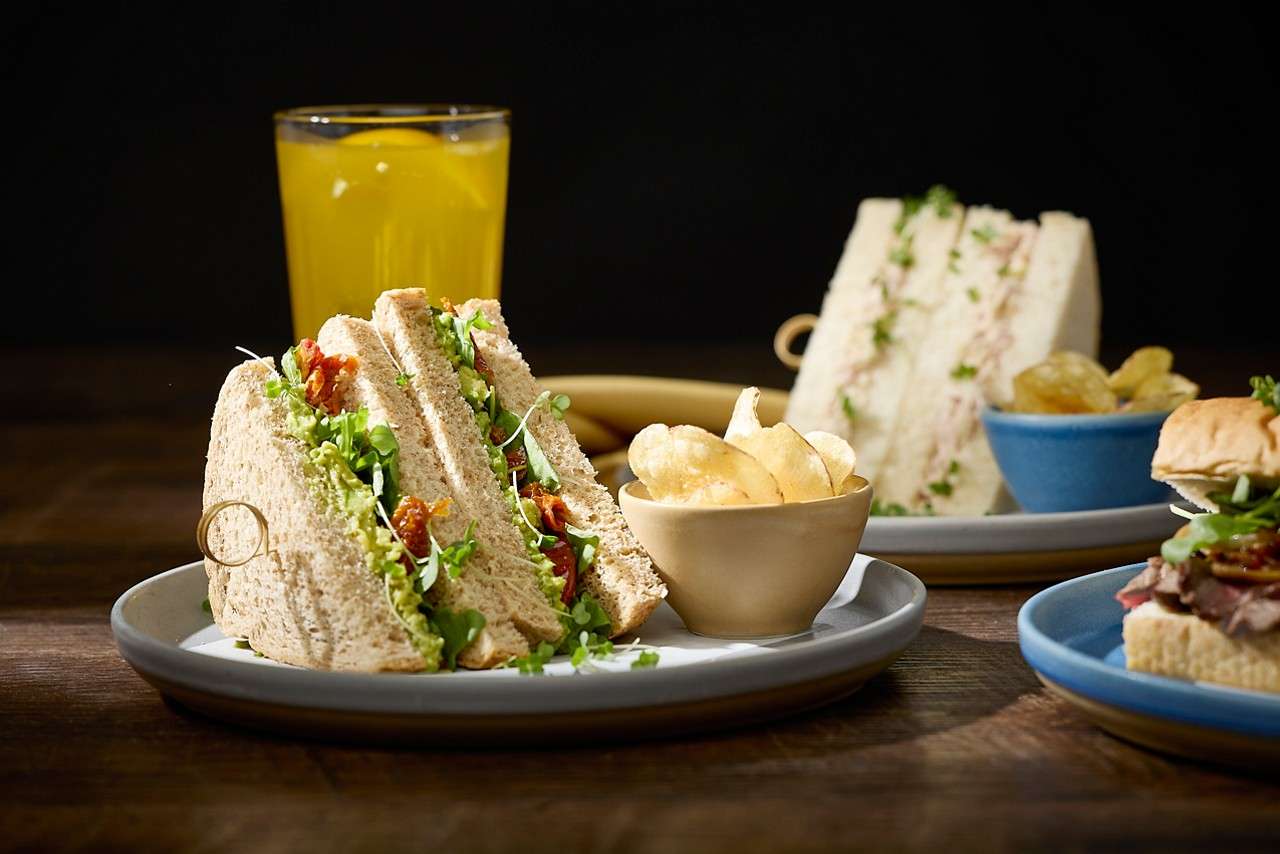 Stuffed sandwiches made freshly with salad and a variety of fillings, served with a pot of crisps.