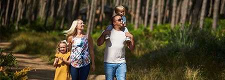 Two adults and two children walk together; one child rides on an adult’s shoulders, another holds a flower. They stroll along a sunlit forest path bordered by trees and greenery.