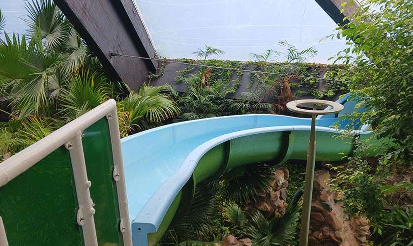 Curving waterslide snakes downward, channeling riders through a light-blue flume amid dense tropical plants and rocks, beneath a high translucent roof with dark beams in an indoor waterpark.