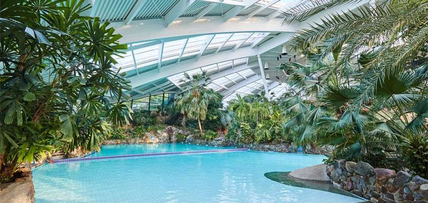 Indoor lagoon stretches calmly beneath a vaulted glass roof, surrounded by tropical plants and rock-lined edges, creating a serene resort-like environment.