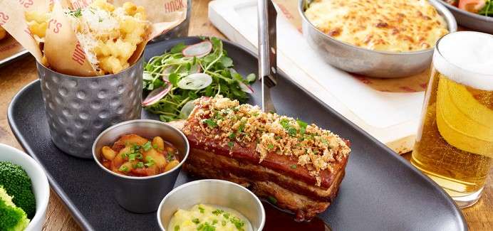 Crispy pork belly served in Huck's American Bar and Grill.