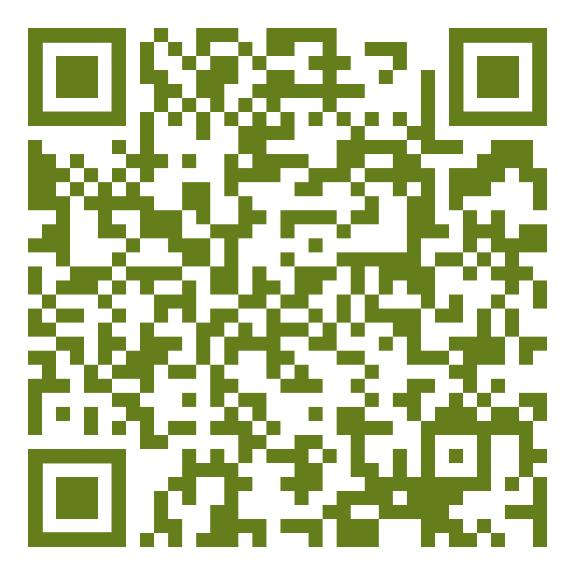 QR code displays olive-green square modules; it sits centered on a white background with three large locator squares at top-left, top-right, and bottom-left.