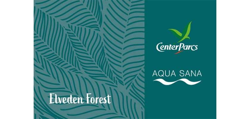 Promotional graphic displays logos and text: CenterParcs, AQUA SANA, Elveden Forest; set on teal panels with stylized leaf pattern, green bird-leaf icon, and a white wavy line motif.