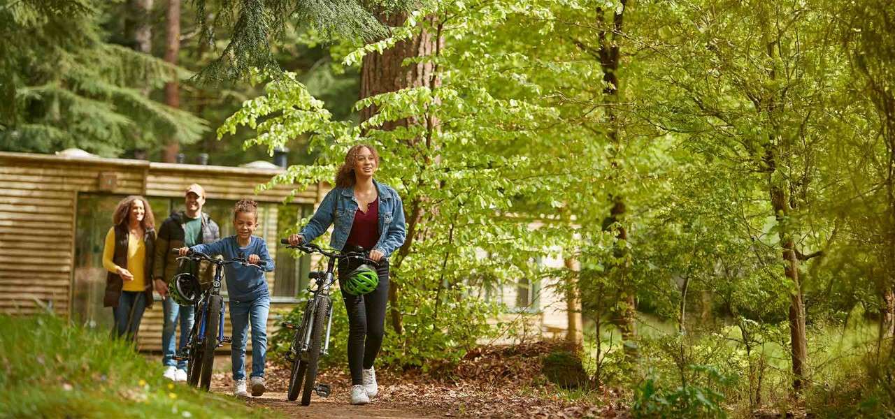 Family with bicycles walks and smiles, pushing bikes along a dirt path, passing a wooden cabin among tall trees and dense green foliage in a sunlit forest.