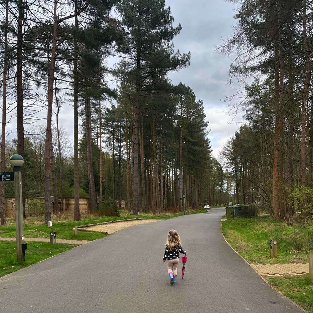 A little girl walking through the forest.
