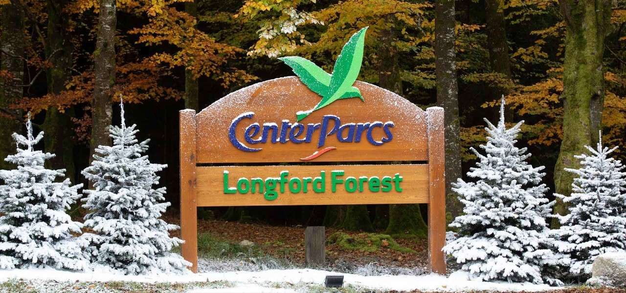 Longford Forest entrance decorated with snow for Christmas