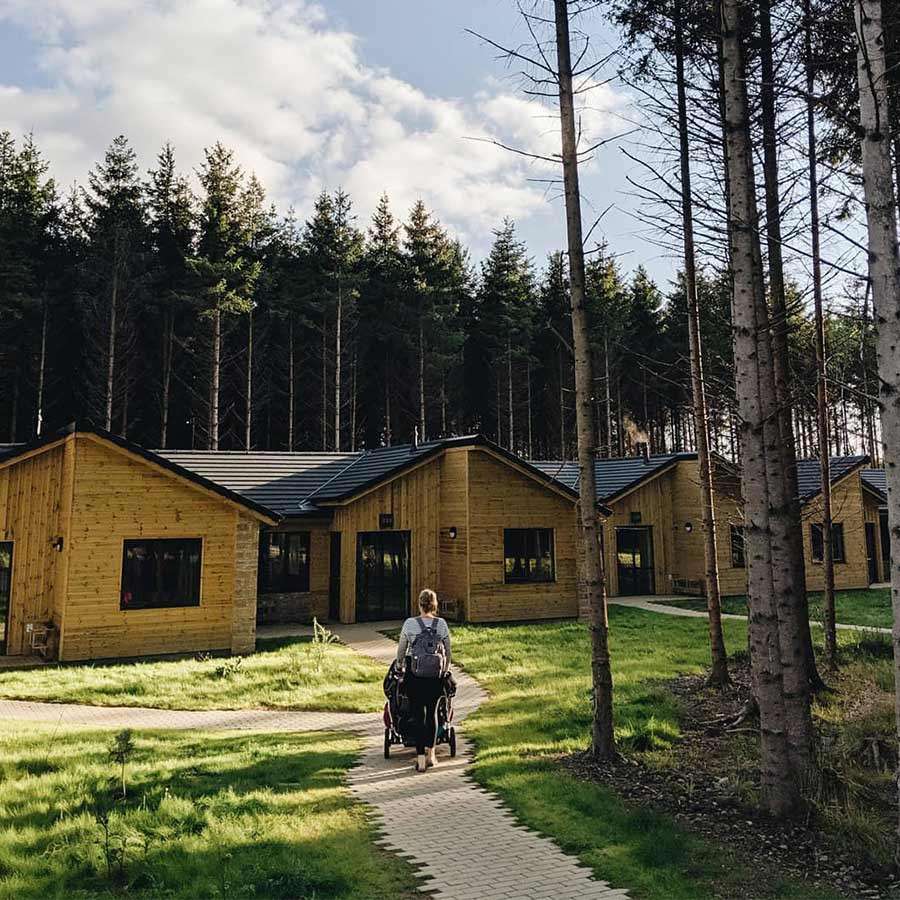 Person pushing a stroller walks along a curved paved path toward wooden cabin buildings; tall conifer trees surround, sunlight filters through, grassy clearings and trunks frame a forested setting.