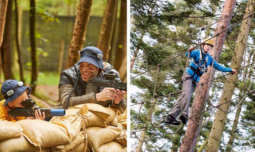 Two adventure scenes: people with hats laugh while aiming laser-tag guns behind sandbags; beside them, a harnessed climber carefully crosses rope bridges among tall trees in a forest.