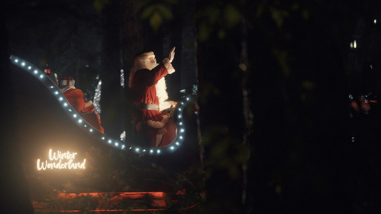 Santa on his sleigh, riding through the forest.