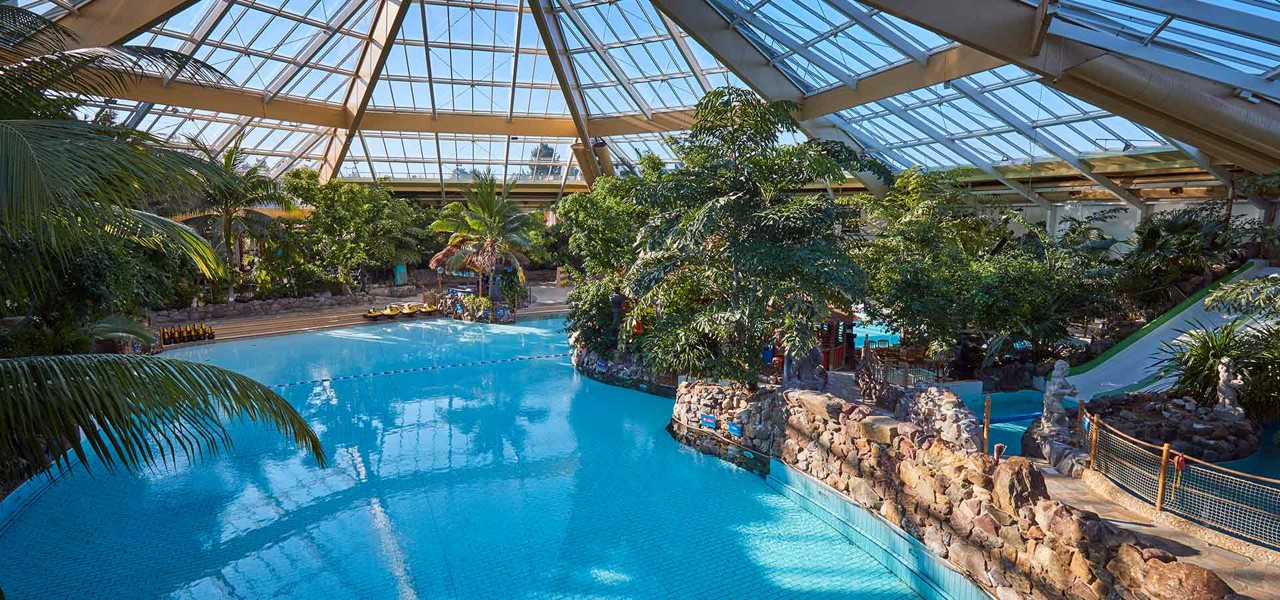 A view across the large indoor pool of the Subtropical Swimming Paradise