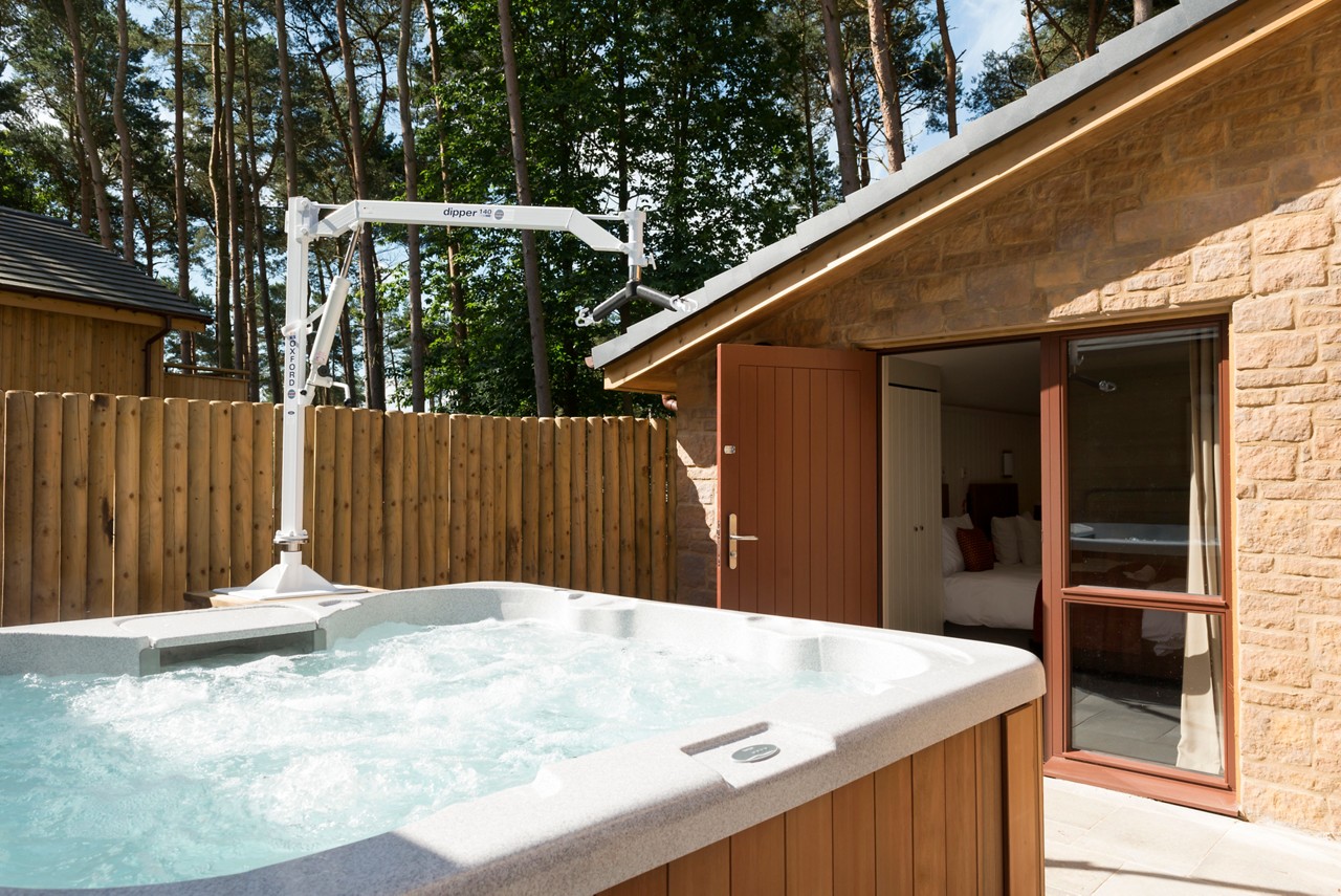 Adapted lodge with hot tub.